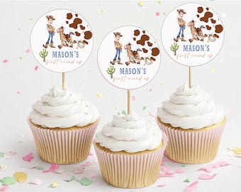 CowBoy Toy Story Round Up Birthday Cup cake toppers, Digital and Printable Woody and Bullseye cup cake toppers, toy story, cowboy cupcake to
