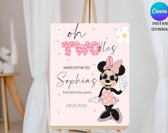 Cartello di benvenuto per compleanno in stile Boho con Minnie Mouse, modificabile (download digitale)