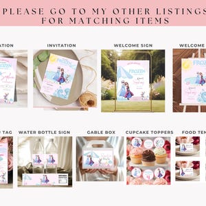 May include: A collection of party supplies with a Frozen theme. Items include invitations, welcome signs, thank you tags, water bottle labels, gable boxes, cupcake toppers, and food tent signs. The design features Elsa and Anna with a pastel color scheme.