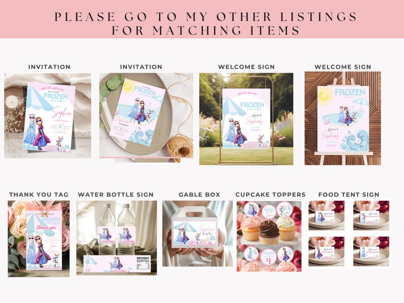 May include: A collection of party supplies with a Frozen theme. Items include invitations, welcome signs, thank you tags, water bottle labels, gable boxes, cupcake toppers, and food tent signs. The design features Elsa and Anna with a pastel color scheme.