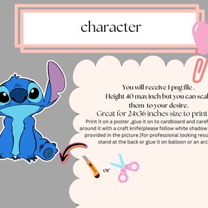 May include: A blue cartoon character with large eyes and a big smile. The character is sitting with its legs crossed. The image includes text that says "character" and "You will receive 1 png file. Height 40 max inch but you can scale them to your desire. Great for 24x36 inches size to print. Print it on a poster, glue it on to cardboard and carefully cut around it with a craft knife{please follow white shadow line that I provided in the picture.)for professional looking result add a stand at the back or glue it on balloon or an arch. or"