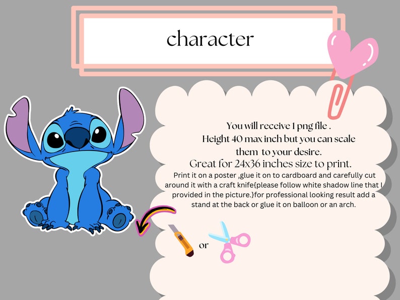 May include: A blue cartoon character with large eyes and a big smile. The character is sitting with its legs crossed. The image includes text that says "character" and "You will receive 1 png file. Height 40 max inch but you can scale them to your desire. Great for 24x36 inches size to print. Print it on a poster, glue it on to cardboard and carefully cut around it with a craft knife{please follow white shadow line that I provided in the picture.)for professional looking result add a stand at the back or glue it on balloon or an arch. or"