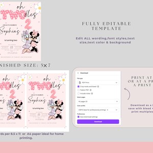May include: Pink birthday invitation template with the text "oh Twodles" and "Sophia's is turning two". Features Daisy Duck and Minnie Mouse characters. Finished size is 12.7 x 17.8 cm. Fully editable template.