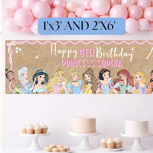 May include: A rectangular birthday banner with a kraft paper background featuring a line of ten illustrated princesses. The text reads Happy 4TH Birthday PRINCESS SOPHIA. A blue box above displays the available sizes as 1'x3' AND 2'X6'.