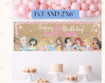 Modèle de bannière d'anniversaire de princesse, fond de princesse modifiable pour impression (2 x 6 pi) (Téléchargement numérique)