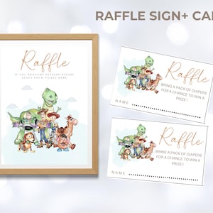 Puede incluir: Un letrero enmarcado y tarjetas de rifa con una ilustración de acuarela de personajes. El letrero dice "Raffle" y "Si trajiste pañales, por favor deja tu boleto aquí". Las tarjetas dicen "Raffle" y "¡Trae un paquete de pañales para tener la oportunidad de ganar un premio!"