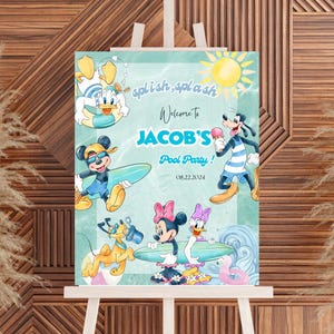 May include: A rectangular sign featuring cartoon characters including Donald Duck, Mickey Mouse, Goofy, Pluto, Minnie Mouse, and Daisy Duck in a pool setting. The text reads: splish, splash, Welcome To JACOB'S Pool Party! 08.22.2024 with a yellow sun.