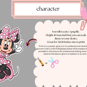 K&ouml;nnte beinhalten: Ein digitaler Download eines druckbaren Charakterbildes von Minnie Maus in einem rosa Kleid mit wei&szlig;en Punkten. Das Bild ist 40 Zoll hoch und kann auf jede Gr&ouml;&szlig;e skaliert werden. Das Bild enth&auml;lt Anweisungen zum Drucken und Ausschneiden des Charakters.