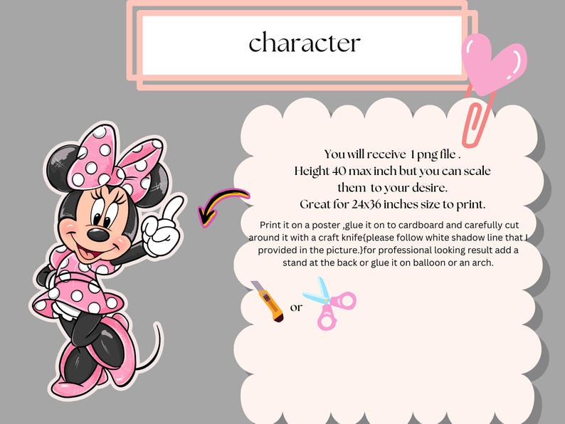 K&ouml;nnte beinhalten: Ein digitaler Download eines druckbaren Charakterbildes von Minnie Maus in einem rosa Kleid mit wei&szlig;en Punkten. Das Bild ist 40 Zoll hoch und kann auf jede Gr&ouml;&szlig;e skaliert werden. Das Bild enth&auml;lt Anweisungen zum Drucken und Ausschneiden des Charakters.