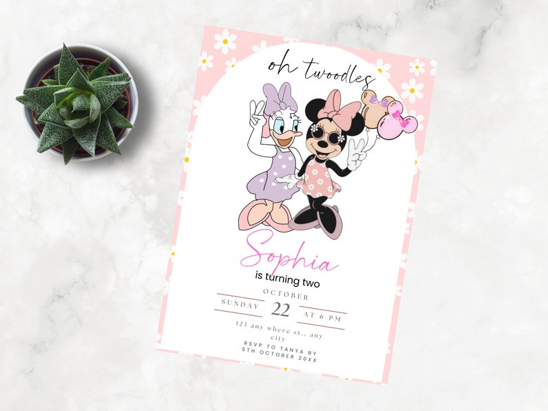 Minnie Mouse Birthday Invitation: Pink Daisies, Editable Canva Template ...