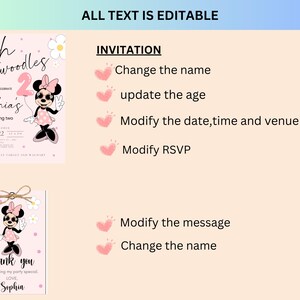 May include: Editable invitation template featuring a cartoon mouse with pink polka dots and sunglasses. The text says "oh twodles" and "Sophia's is turning two". The invitation also includes a thank you card with the same cartoon mouse and the text "thank you for making my party special. LOVE, Sophia".