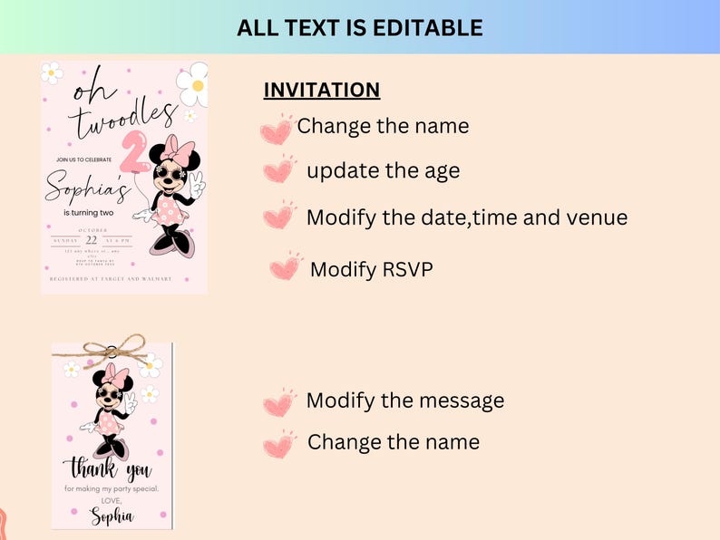 May include: Editable invitation template featuring a cartoon mouse with pink polka dots and sunglasses. The text says "oh twodles" and "Sophia's is turning two". The invitation also includes a thank you card with the same cartoon mouse and the text "thank you for making my party special. LOVE, Sophia".