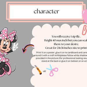 Op de afbeelding: Digitale illustratie van Minnie Mouse in een roze jurk met stippen en strik. De afbeelding bevat de tekst "character" en instructies voor het afdrukken van de afbeelding op een poster. De hoogte is 101,6 cm.