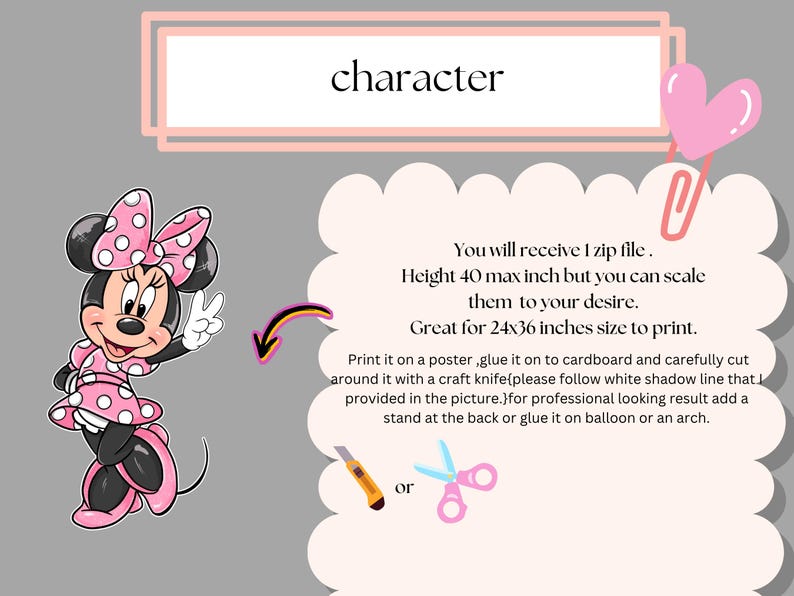 Op de afbeelding: Digitale illustratie van Minnie Mouse in een roze jurk met stippen en strik. De afbeelding bevat de tekst "character" en instructies voor het afdrukken van de afbeelding op een poster. De hoogte is 101,6 cm.