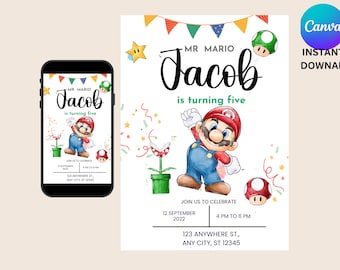 Super Mario Birthday Invitation | Birthday Invitation | Mario Invitation | Editable Printable Mario Invitation Birthday Template,Super bro