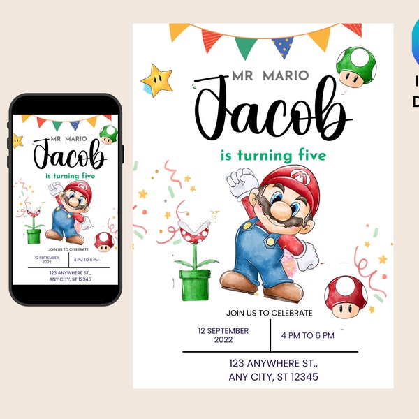 Super Mario Birthday Invitation | Birthday Invitation | Mario Invitation | Editable Printable Mario Invitation Birthday Template,Super bro