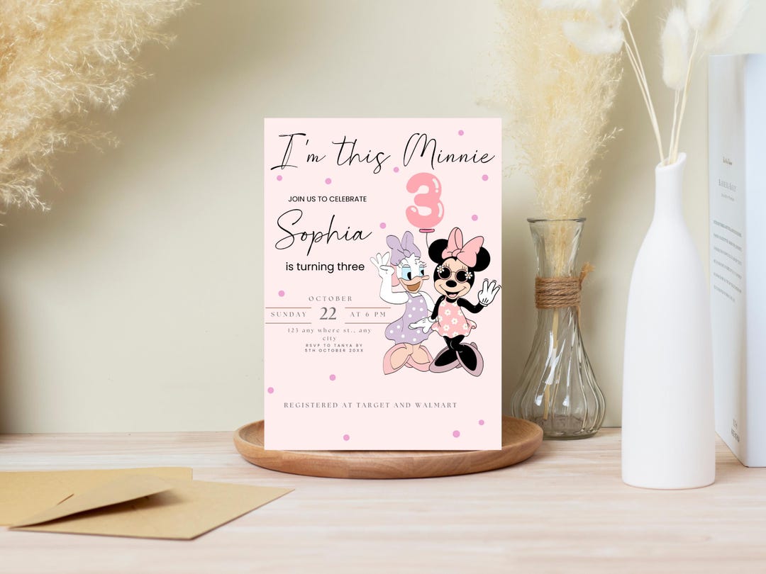 Minnie Mouse Third Birthday Invitation Daisy, Boho Theme (editable