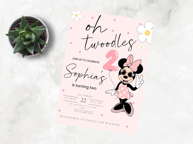 May include: Pink birthday invitation with a cartoon mouse wearing sunglasses and holding a pink number 2 balloon. The text reads "oh twoodles Sophia's is turning two" and includes details for the event.