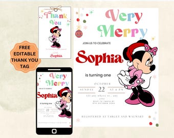 Minnie Mouse Christmas Birthday Invitation, Printable Template (Digital)