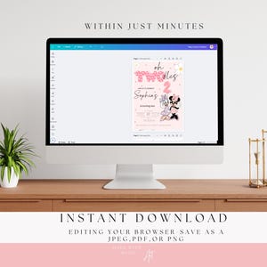 May include: A computer screen shows a pink birthday invitation featuring Minnie and Daisy Duck. The invitation reads "oh Twodles 2 Sophia's". The monitor sits on a wooden desk with a plant and gold hourglasses. Text at the bottom says "INSTANT DOWNLOAD".