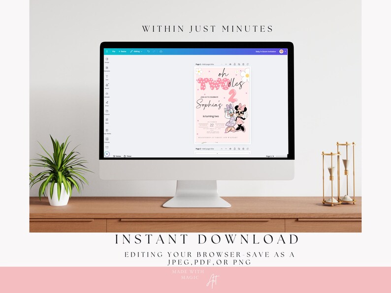 May include: A computer screen shows a pink birthday invitation featuring Minnie and Daisy Duck. The invitation reads "oh Twodles 2 Sophia's". The monitor sits on a wooden desk with a plant and gold hourglasses. Text at the bottom says "INSTANT DOWNLOAD".