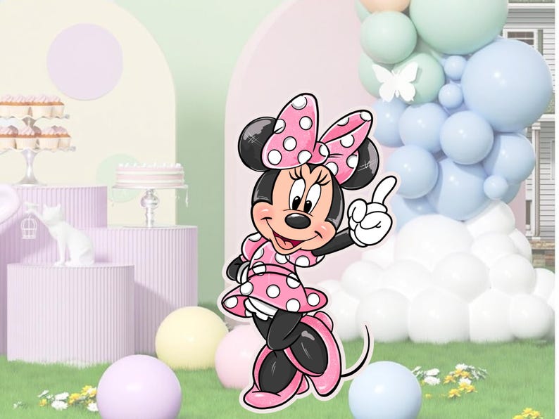 K&ouml;nnte beinhalten: Ein pinkfarbener und wei&szlig;er Polka-Dot-Minnie-Maus-Ausschnitt mit einer rosa Schleife und einem wei&szlig;en Hintergrund.