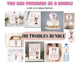 May include: A printable party bundle featuring a pink and white color scheme with a cartoon mouse character. The bundle includes a welcome sign, a cake topper, a water bottle label, a favor tag, a hot dog sign, a sign that says "We've got ears, say cheers!" and a personalized box label. The text on the signs says "Oh Twodles Sophia's 2nd Birthday".