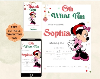 Minnie Mouse Christmas Birthday Invitation, Printable Template (Digital)