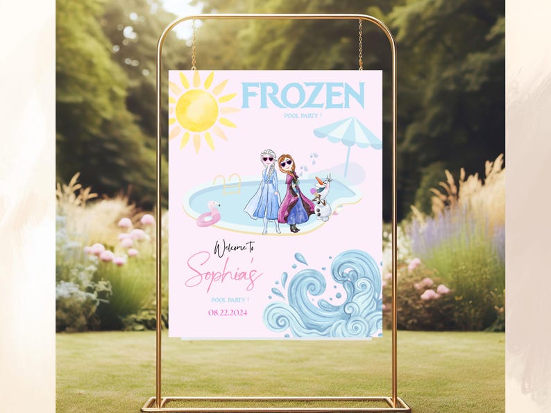 Pu&ograve; includere: Un cartello rosa per una festa in piscina, con la parola "FROZEN" in alto e illustrazioni di personaggi e una scena di piscina. Il cartello include il testo "Welcome to Sophia's" e la data 08.22.2024.
