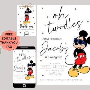 Invitación de Mickey Mouse para su segundo cumpleaños: Imprimible moderna (digital)