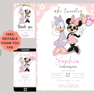 Invitation d'anniversaire Minnie Mouse et Daisy, invitation de fête d'anniversaire Minnie Mouse marguerites roses, modèle de toile numérique modifiable