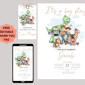 Puede incluir: Juego de invitaciones para baby shower con ilustración de dibujos animados. La invitación presenta el texto "It's a boy story" y "Join us to celebrate Jacob". Una etiqueta a juego dice "Thanks y'all for coming to my party".