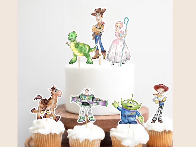 May include: Set of 7 Toy Story character cake toppers. The toppers feature Woody, Buzz Lightyear, Jessie, Rex, Bo Peep, and Alien. The toppers are made of cardstock and are perfect for decorating cakes for a Toy Story themed party.
