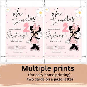 May include: Two printable invitations for a child's second birthday party. The invitations feature a pink and white color scheme with a cartoon mouse character wearing sunglasses and holding a pink number two balloon. The text on the invitations reads "oh twodles" and "Sophia's is turning two".