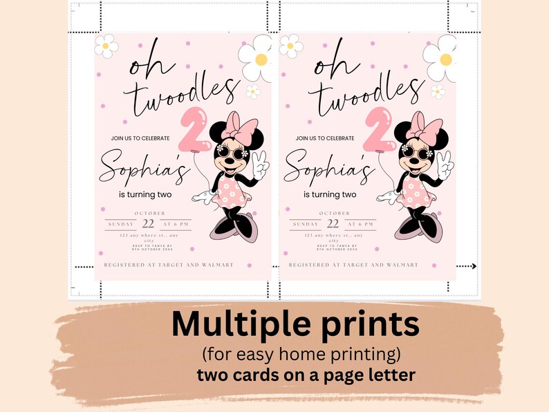 May include: Two printable invitations for a child's second birthday party. The invitations feature a pink and white color scheme with a cartoon mouse character wearing sunglasses and holding a pink number two balloon. The text on the invitations reads "oh twodles" and "Sophia's is turning two".