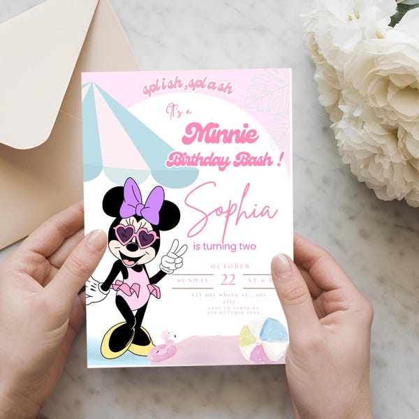 Minnie Mouse Birthday Invitation, Groovy Beach Pool Party (Editable Template)
