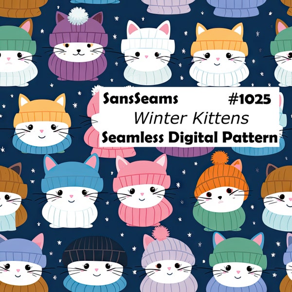 Winter Kittens Digital Seamless Repeating Pattern for use as Digital Paper, Wallpaper, Background, Tile