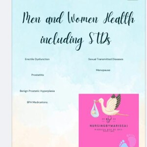 Può includere: Una grafica rosa e bianca con una cicogna che trasporta un bambino in una culla. La grafica include anche uno stetoscopio e il testo "NURSINGBYMARISSAI". La grafica è su uno sfondo blu chiaro con testo sulla salute degli uomini e delle donne, comprese le MST, la disfunzione erettile, la prostatite, l'iperplasia prostatica benigna, i farmaci per l'IPB e la menopausa.