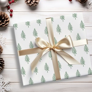 Pine Tree Wrapping Paper, Sage Green Tree Gift Wrapping, Christmas Tree Wrapping Paper, Evergreen Wrapping Paper, Green and White Paper