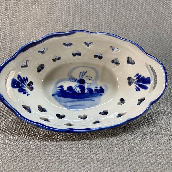 Delft Holland Painted Porcelain Bowl with Pierced Hearts