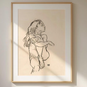 Egon Schiele's Girl Portrait – High-Quality Art Print of Expressionist Drawing, Timeless Schiele Reproduction for Artistic Wall Decor