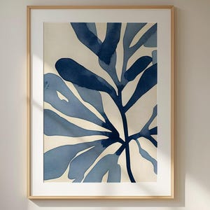 Modern Botanical Wall Art Print - Abstract Blue Leaf Poster on Neutral Background - Minimal Nature-Inspired Decor for Living Room or Office