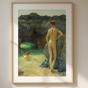Henry Scott Tuke ‘The Green Waterways’ 1926 – High-Quality Art Print Reproduction of Coastal Serenity, Classic Artwork for Gallery Wall Deco