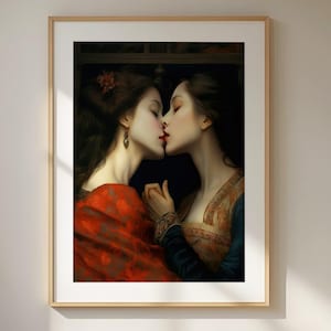 Romantic Women Art Print, Antique-Style Lesbian Lovers Painting, Aesthetic Wall Art for Home Gallery, High-Quality LGBTQ+ Decor Poster