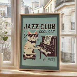 Poster Jazz Cat Cool Club - Decorazione murale musicale in stile vintage - Gatto retrò che suona il pianoforte - Opera d'arte unica per gli amanti del jazz per la casa