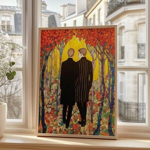 Stampa artistica della foresta autunnale, poster di coppia romantica che passeggia, arte murale della natura vibrante, scena autunnale contemporanea, arredamento unico per gli amanti della natura