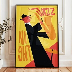 Jazz Night Poster - Retro Saxophone Art Print, Vibrant Music Wall Decor, Jazz Musician Illustration, Vintage Style Art for Home Decor