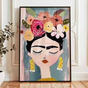 Colorful Frida Inspired Art Poster – Beautiful Floral Portrait Print – Contemporary Wall Art for Home Decor – High Quality Artwork