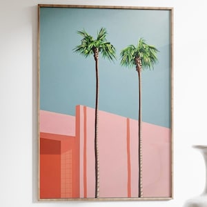 Palm Trees Wall Art – Retro California Style Poster with Blue Sky & Pink Building, Minimalist Tropical Print for Modern Beach Vibes