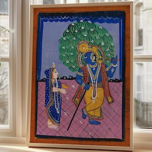 Krishna and Radha Wall Art Print – Vintage Hindu Painting Poster of Divine Lovers, Classic Mythology Decor and Artwork for Sacred Homes